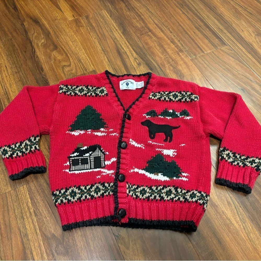 Kitestrings vintage winter cabin dog red knit cardigan sweater